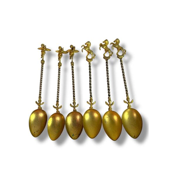 Vintage Cherub & Horse Spoons Set of 6 Ornate 5" Goldtone Demitasse Decor